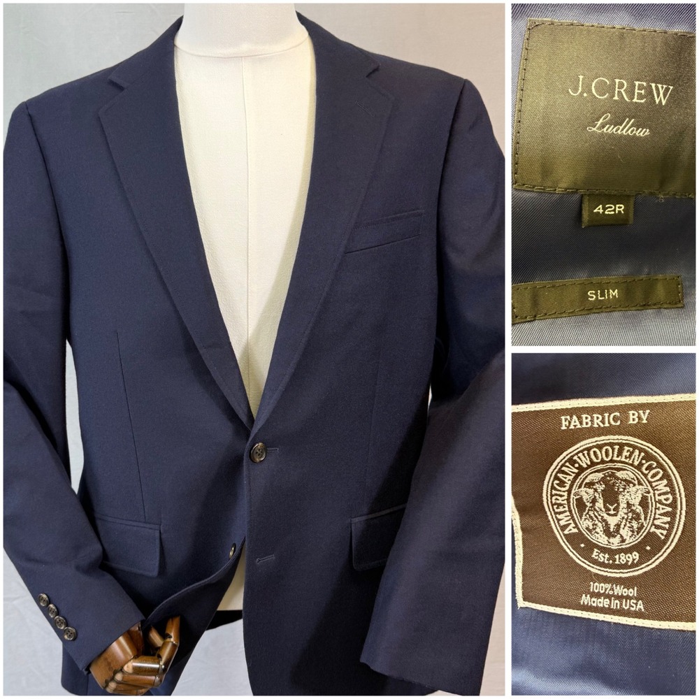J.Crew Ludlow Suit Jacket Mens 42R Navy Blue Slim American Woolen Co Wool Blazer